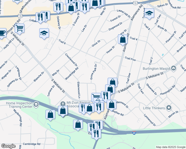 map of restaurants, bars, coffee shops, grocery stores, and more near 2904 Grove Park Drive in Burlington