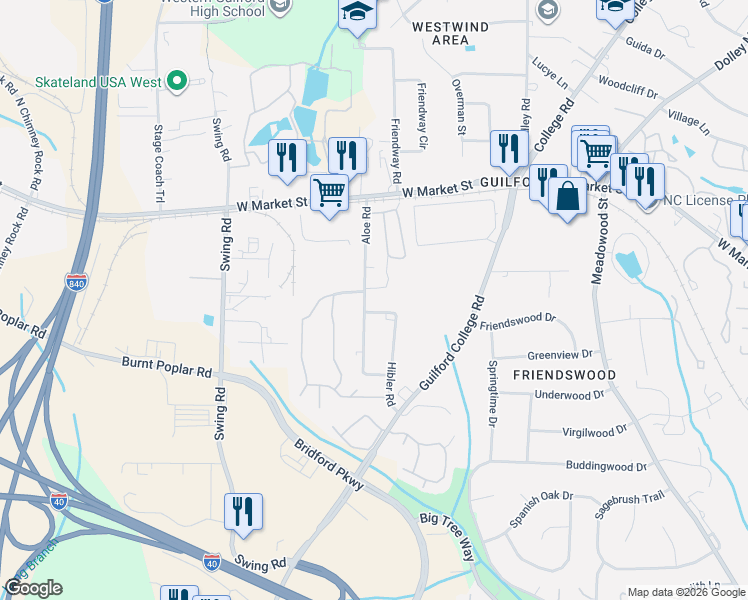 map of restaurants, bars, coffee shops, grocery stores, and more near 217 Aloe Road in Greensboro