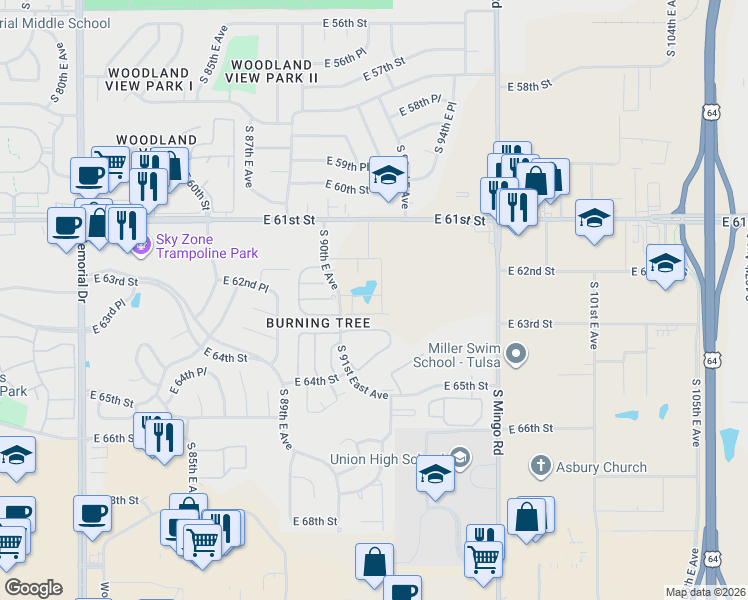 map of restaurants, bars, coffee shops, grocery stores, and more near 6333 South 91st East Avenue in Tulsa