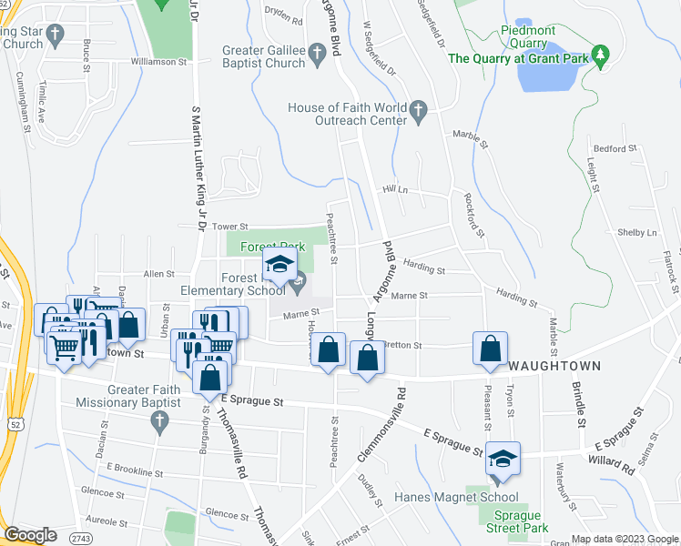 map of restaurants, bars, coffee shops, grocery stores, and more near 1725 Peachtree Street in Winston-Salem