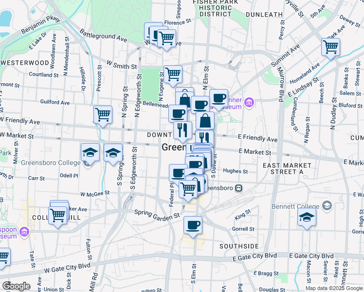 map of restaurants, bars, coffee shops, grocery stores, and more near in Greensboro