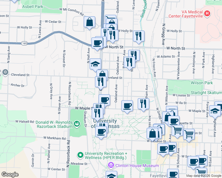 map of restaurants, bars, coffee shops, grocery stores, and more near 972 West Douglas Street in Fayetteville