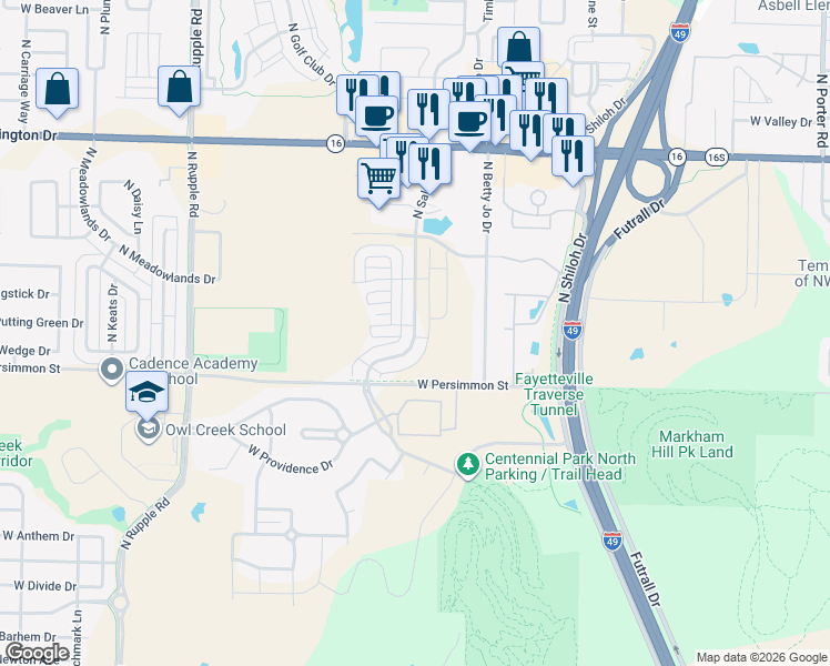 map of restaurants, bars, coffee shops, grocery stores, and more near 554 North Salem Road in Fayetteville