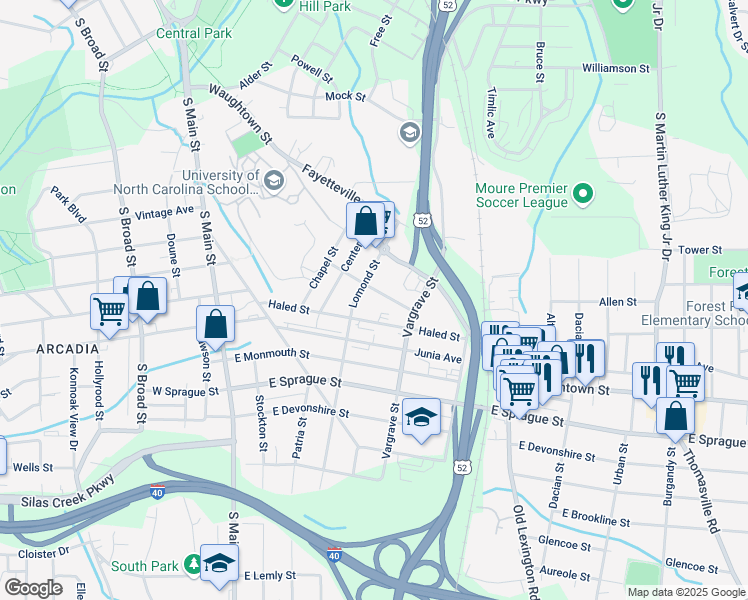 map of restaurants, bars, coffee shops, grocery stores, and more near 344 Wood Street Southeast in Winston-Salem