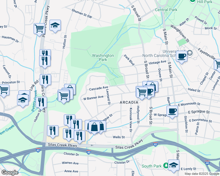 map of restaurants, bars, coffee shops, grocery stores, and more near 535 West Banner Avenue in Winston-Salem