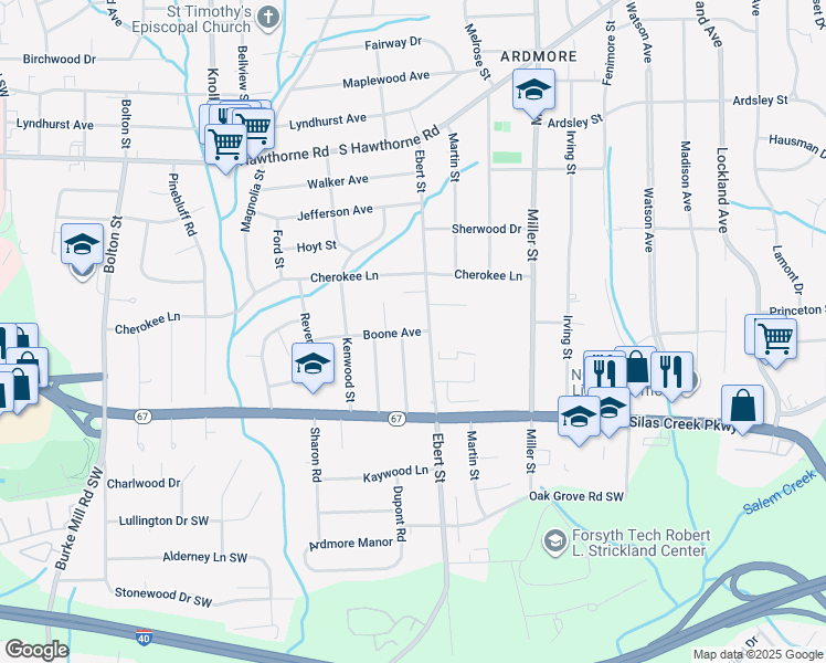 map of restaurants, bars, coffee shops, grocery stores, and more near Boone Avenue in Winston-Salem
