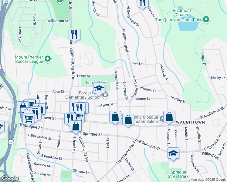 map of restaurants, bars, coffee shops, grocery stores, and more near 1728 Peachtree Street in Winston-Salem