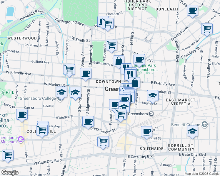 map of restaurants, bars, coffee shops, grocery stores, and more near in Greensboro