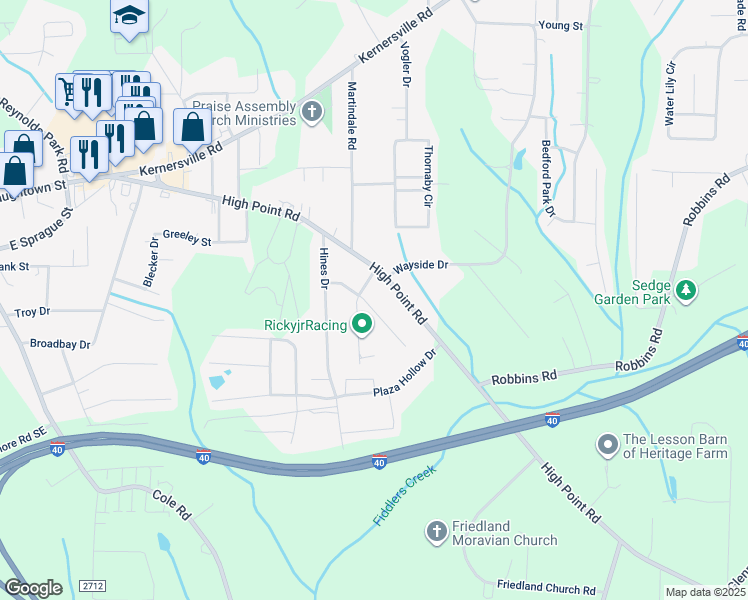 map of restaurants, bars, coffee shops, grocery stores, and more near Lubet Lane in Winston-Salem
