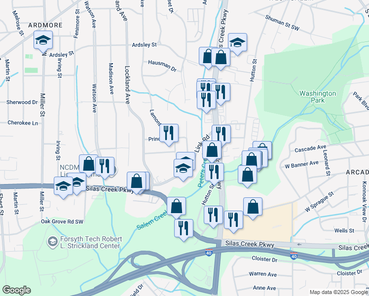 map of restaurants, bars, coffee shops, grocery stores, and more near 1348 Waybridge Lane in Winston-Salem