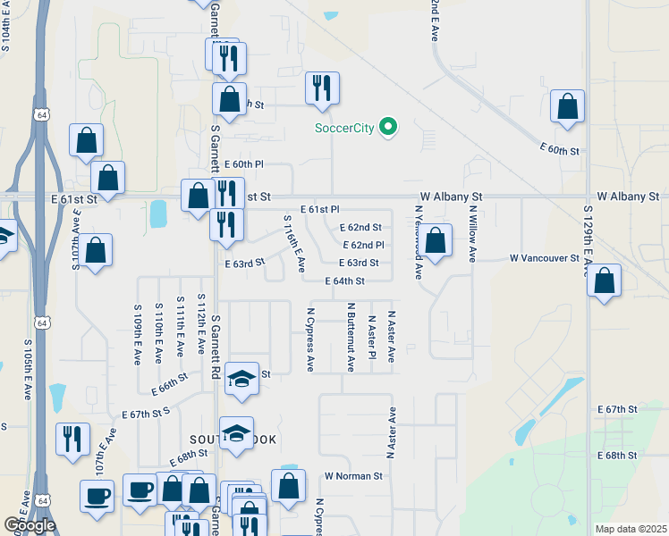 map of restaurants, bars, coffee shops, grocery stores, and more near 11632 East 64th Street in Broken Arrow