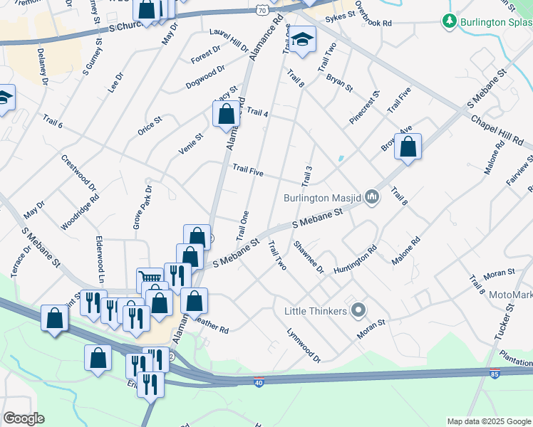 map of restaurants, bars, coffee shops, grocery stores, and more near 410 Trail Two in Burlington