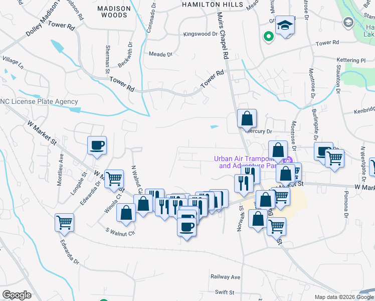 map of restaurants, bars, coffee shops, grocery stores, and more near 10 Tenuss Lane in Greensboro