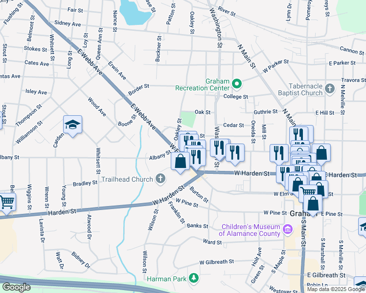 map of restaurants, bars, coffee shops, grocery stores, and more near 534 East Elm Street in Graham