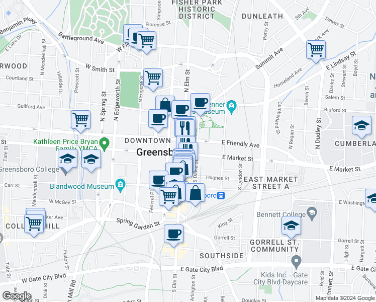 map of restaurants, bars, coffee shops, grocery stores, and more near 112 East Market Street in Greensboro