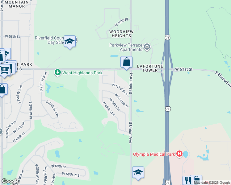 map of restaurants, bars, coffee shops, grocery stores, and more near 1746 West 63rd Street South in Tulsa