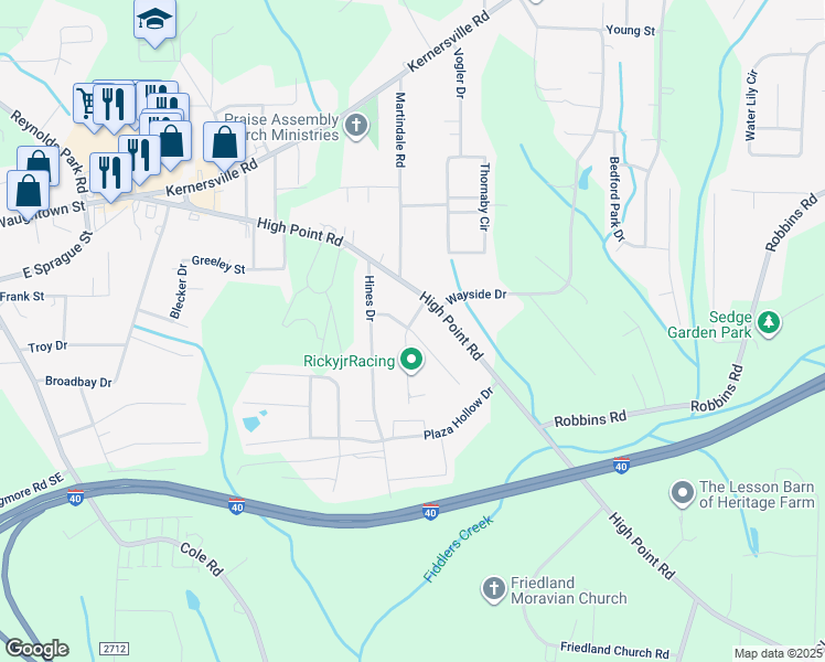map of restaurants, bars, coffee shops, grocery stores, and more near Lubet Lane in Winston-Salem
