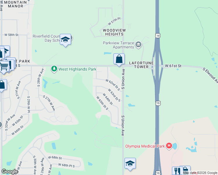 map of restaurants, bars, coffee shops, grocery stores, and more near 1746 West 63rd Street South in Tulsa