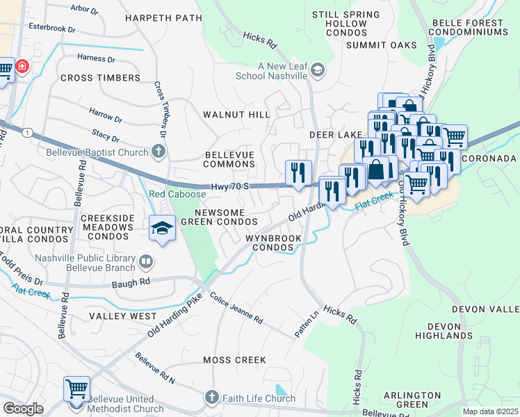 map of restaurants, bars, coffee shops, grocery stores, and more near 7241 Highway 70 South in Nashville