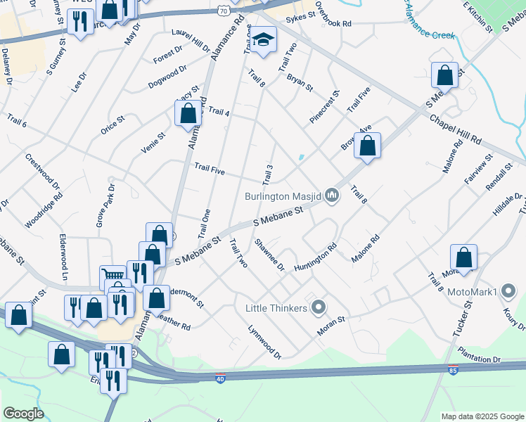 map of restaurants, bars, coffee shops, grocery stores, and more near 2019 South Mebane Street in Burlington