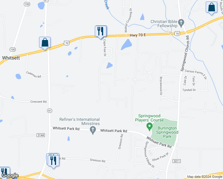 map of restaurants, bars, coffee shops, grocery stores, and more near 116 Boiling Springs Court in Whitsett