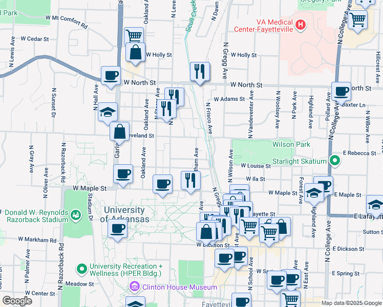 map of restaurants, bars, coffee shops, grocery stores, and more near 604 Whitham Avenue in Fayetteville