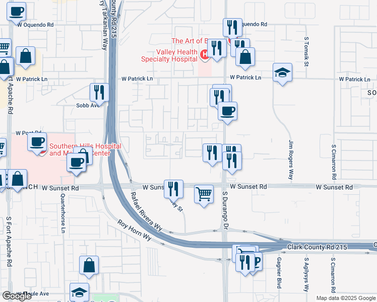 map of restaurants, bars, coffee shops, grocery stores, and more near 6355 South Durango Drive in Las Vegas