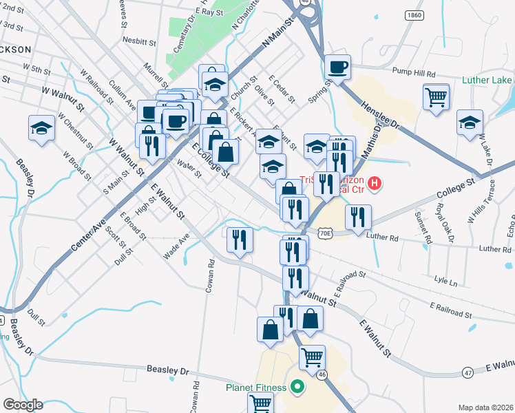 map of restaurants, bars, coffee shops, grocery stores, and more near 404 East College Street in Dickson