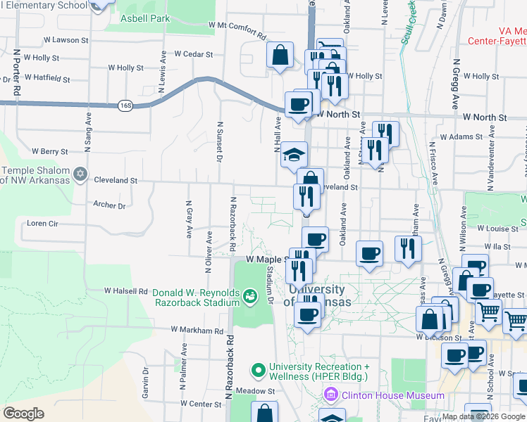 map of restaurants, bars, coffee shops, grocery stores, and more near 645 North Hall Avenue in Fayetteville