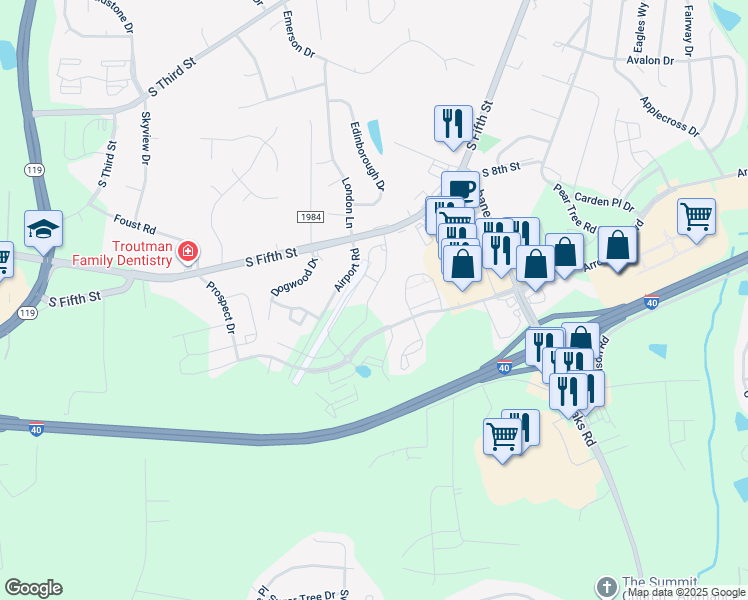map of restaurants, bars, coffee shops, grocery stores, and more near 969 Bonanza Lane in Mebane