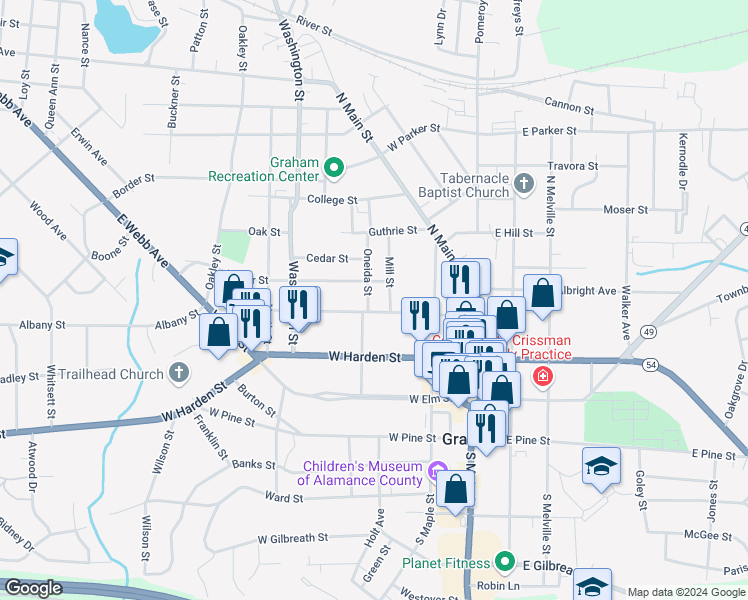 map of restaurants, bars, coffee shops, grocery stores, and more near 305 Oneida Street in Graham