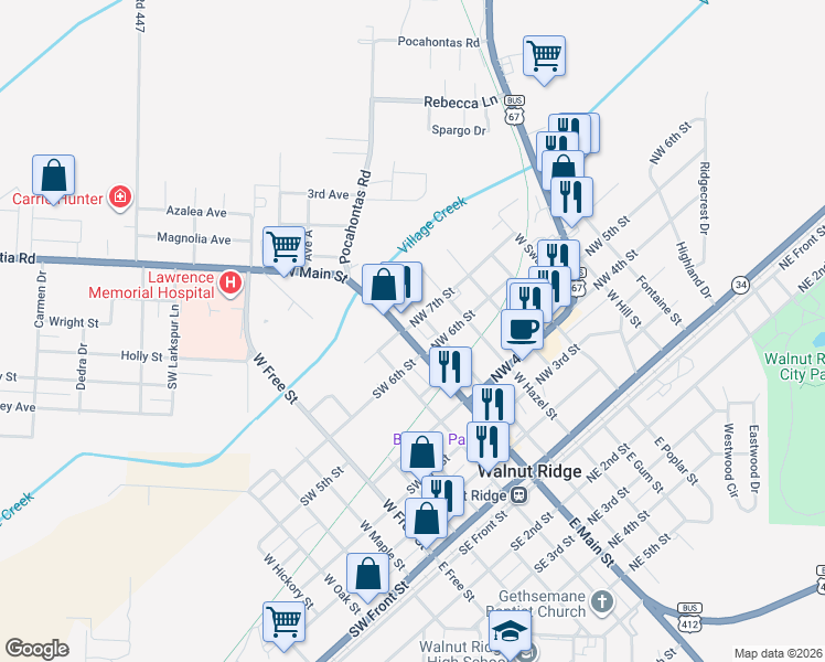 map of restaurants, bars, coffee shops, grocery stores, and more near 700 West Walnut Street in Walnut Ridge