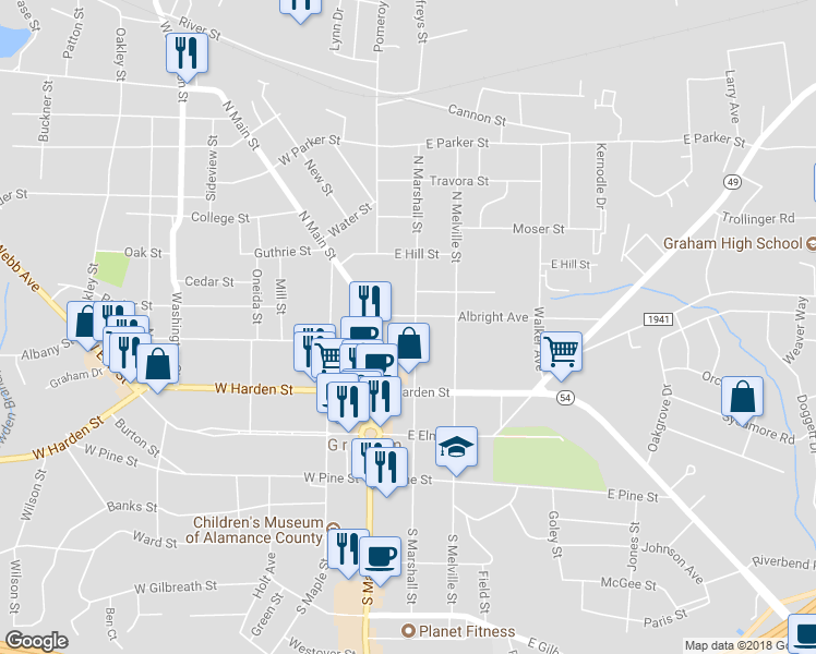map of restaurants, bars, coffee shops, grocery stores, and more near 115 Albright Avenue in Graham