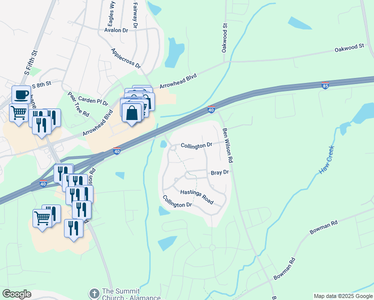 map of restaurants, bars, coffee shops, grocery stores, and more near 315 Collington Drive in Mebane