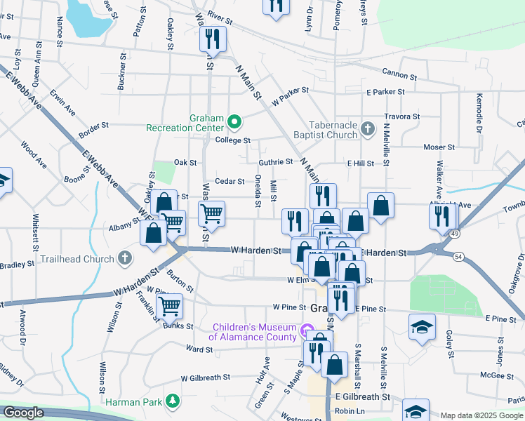 map of restaurants, bars, coffee shops, grocery stores, and more near 305 Oneida Street in Graham