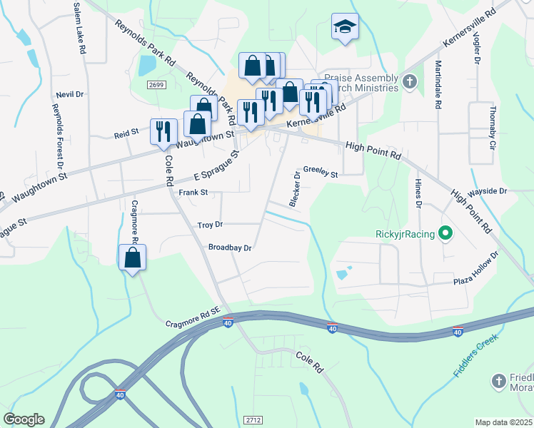 map of restaurants, bars, coffee shops, grocery stores, and more near 2985 Broadbay Drive in Winston-Salem