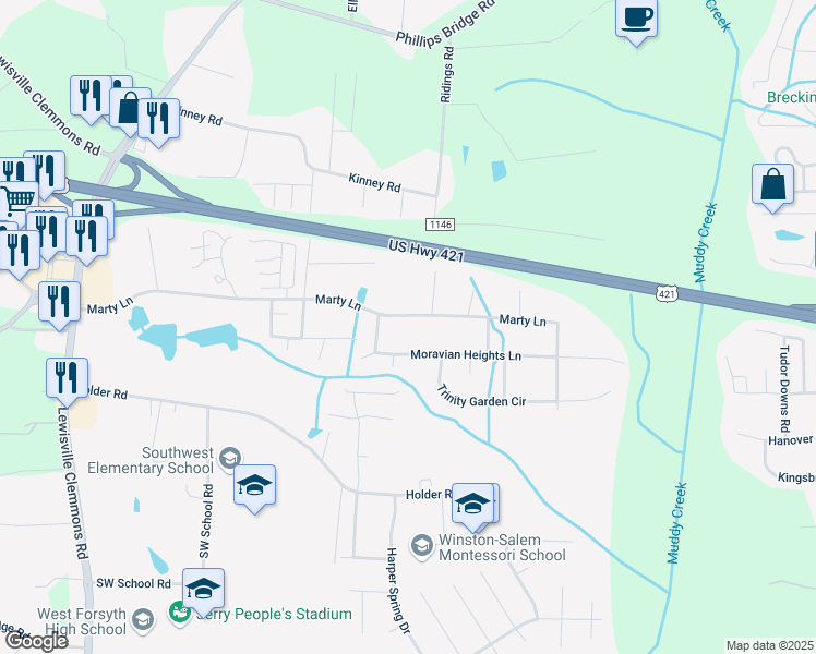 map of restaurants, bars, coffee shops, grocery stores, and more near 5735 Marty Lane in Clemmons