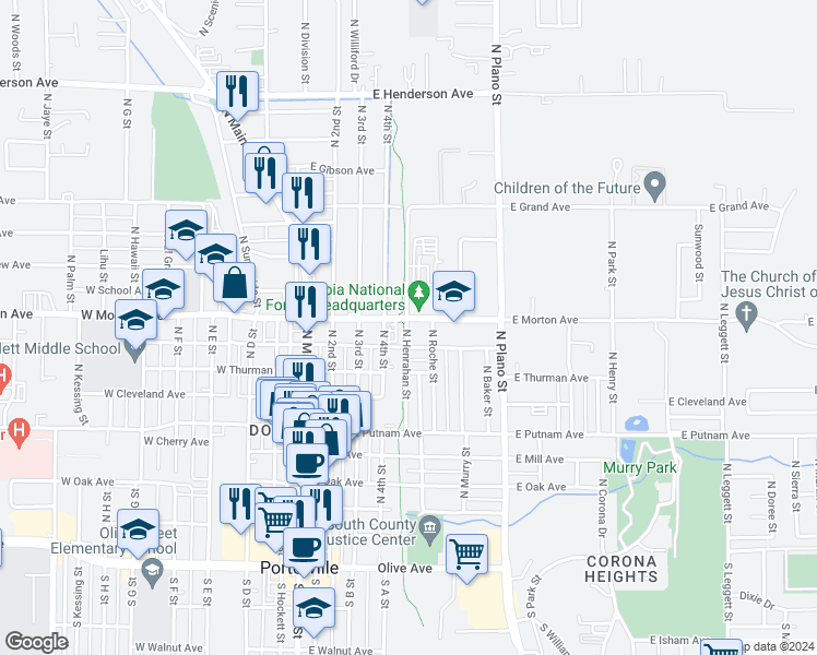 map of restaurants, bars, coffee shops, grocery stores, and more near 209 East Morton Avenue in Porterville