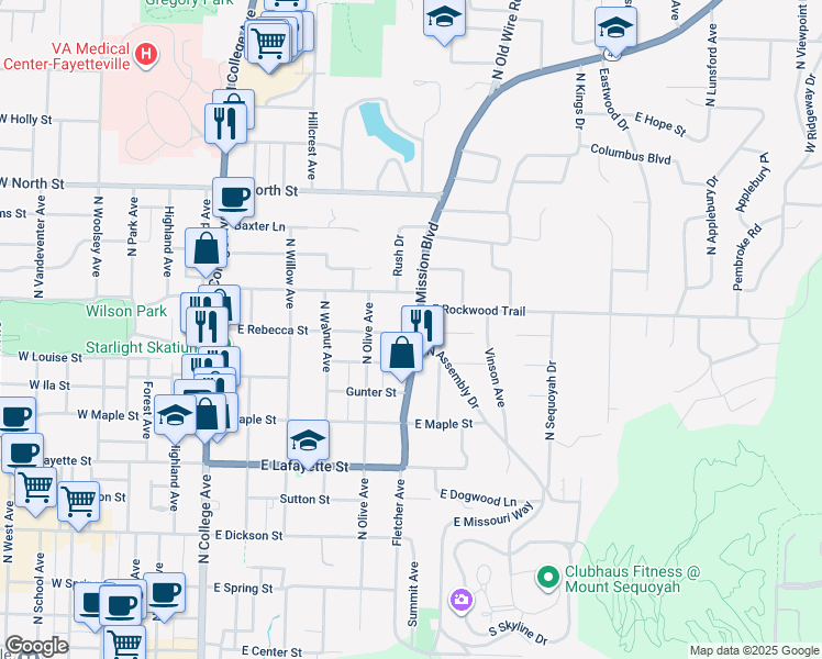 map of restaurants, bars, coffee shops, grocery stores, and more near 523-533 East Prospect Street in Fayetteville