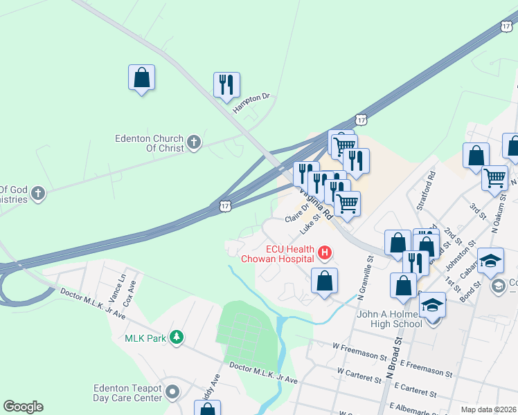 map of restaurants, bars, coffee shops, grocery stores, and more near Ocean Highway South in Edenton
