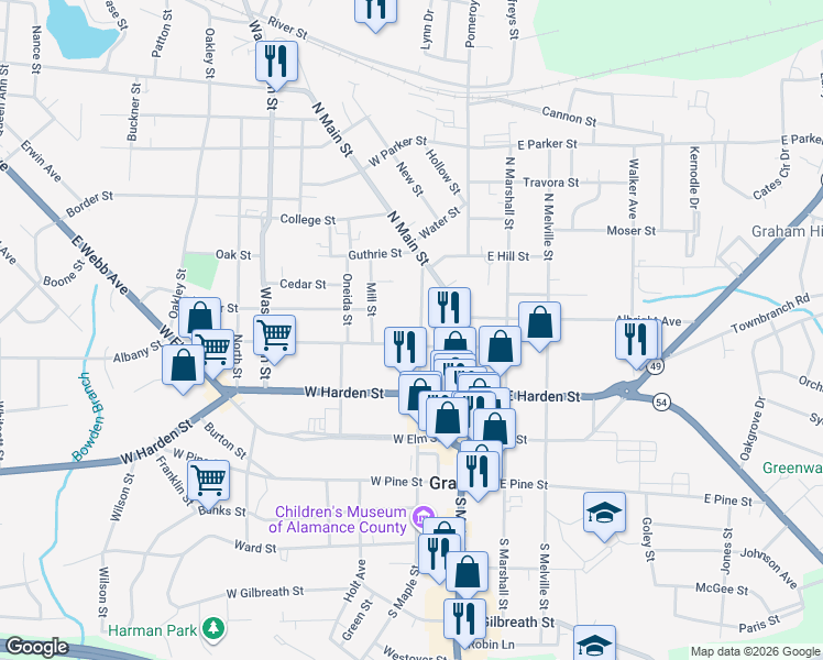 map of restaurants, bars, coffee shops, grocery stores, and more near 312 North Maple Street in Graham
