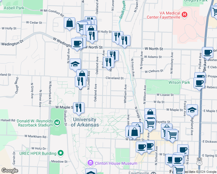 map of restaurants, bars, coffee shops, grocery stores, and more near 627 North Leverett Avenue in Fayetteville