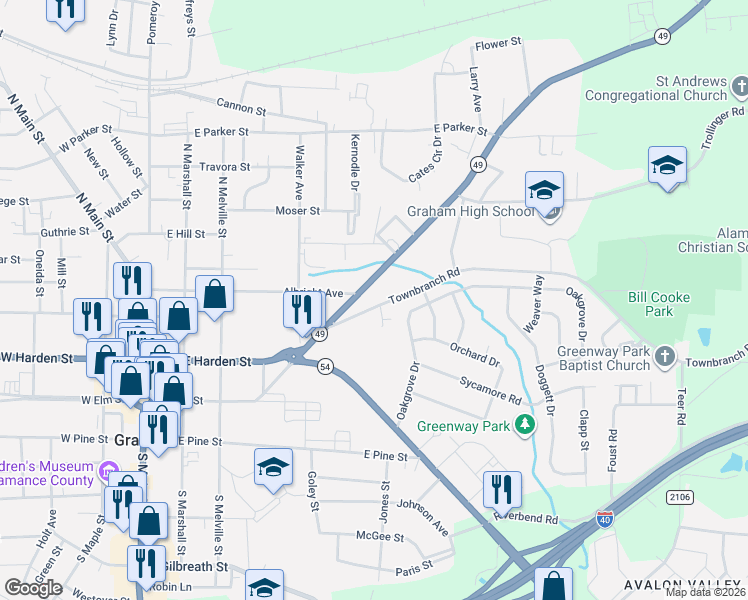 map of restaurants, bars, coffee shops, grocery stores, and more near 511 East Elm Street in Graham