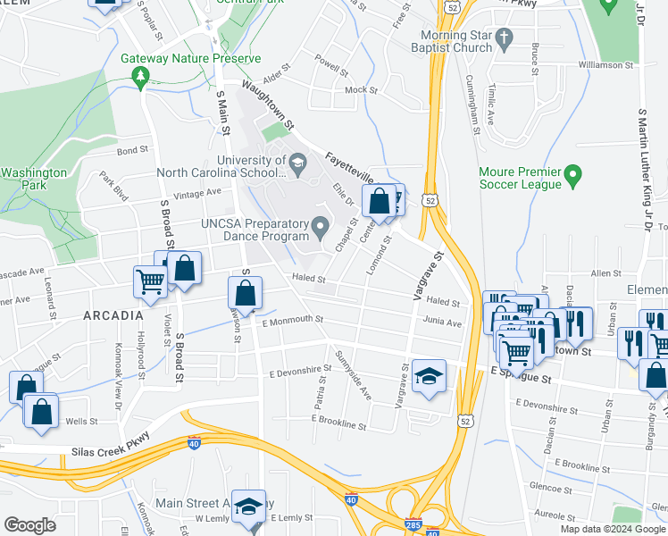 map of restaurants, bars, coffee shops, grocery stores, and more near 1813 Chapel Street in Winston-Salem