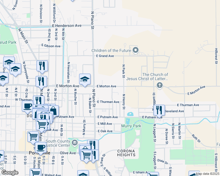 map of restaurants, bars, coffee shops, grocery stores, and more near 401 North Larson Street in Porterville