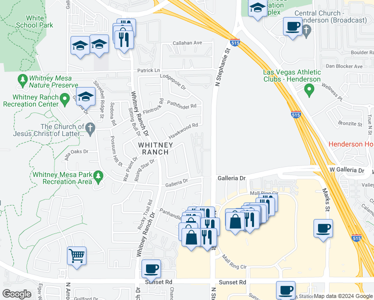 map of restaurants, bars, coffee shops, grocery stores, and more near 822 Long Branch Drive in Henderson