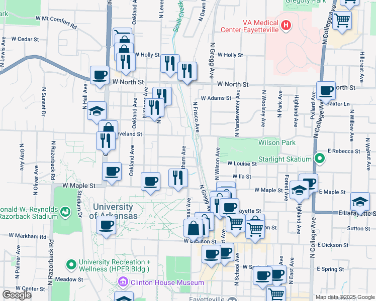 map of restaurants, bars, coffee shops, grocery stores, and more near 688 Whitham Avenue in Fayetteville