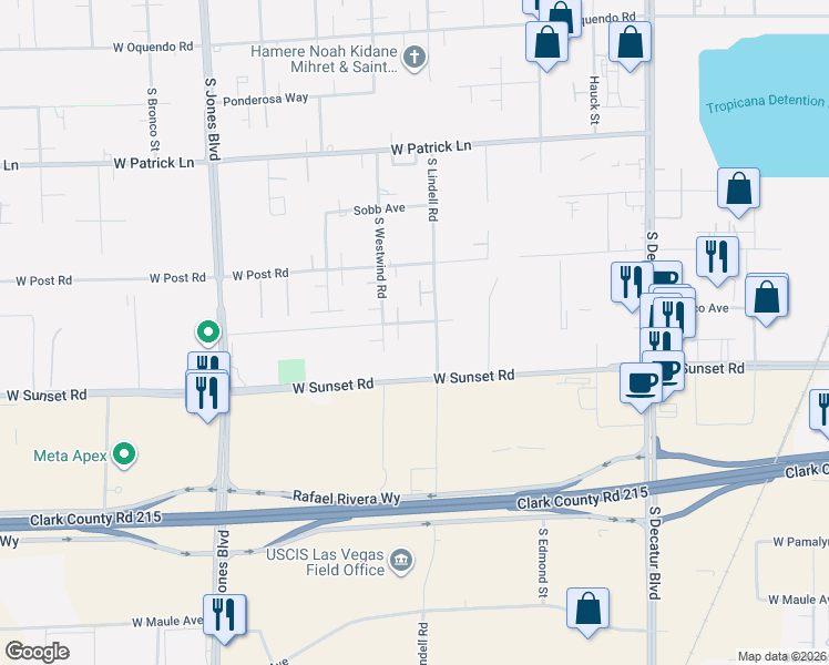 map of restaurants, bars, coffee shops, grocery stores, and more near 6380 Woodstock Court in Las Vegas