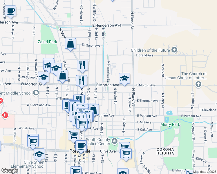 map of restaurants, bars, coffee shops, grocery stores, and more near 266 East Morton Avenue in Porterville