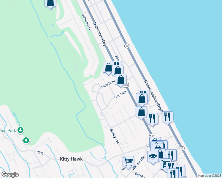 map of restaurants, bars, coffee shops, grocery stores, and more near 1600 Sand Dollar Circle in Kitty Hawk